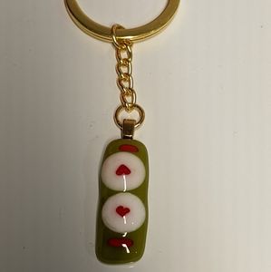 Artisan Handmade fused glass two red hearts gold bag charm keychain
